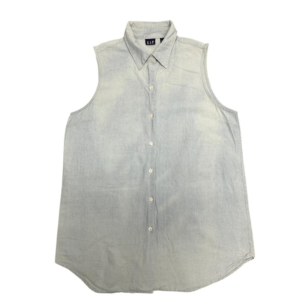 Vintage Gap Shirt Womens Large Blue Linen Cotton‎ Sleeveless Button Front